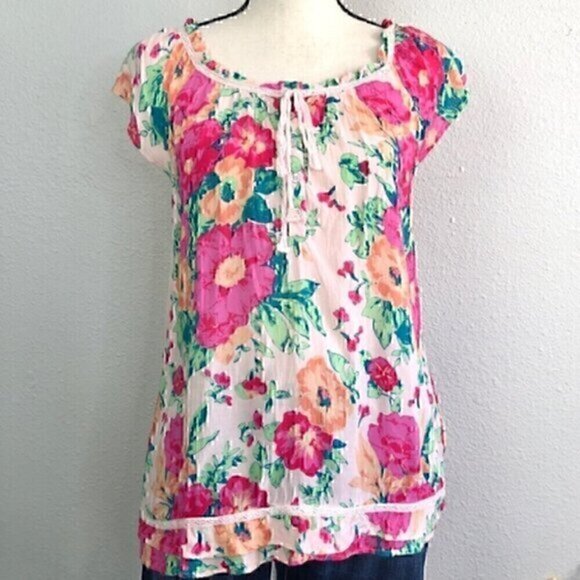 E BY ELOISE ANTHROPOLOGIE ANTHRO Light Pink Green Floral Short Sleeve Blouse Top - Picture 1 of 13